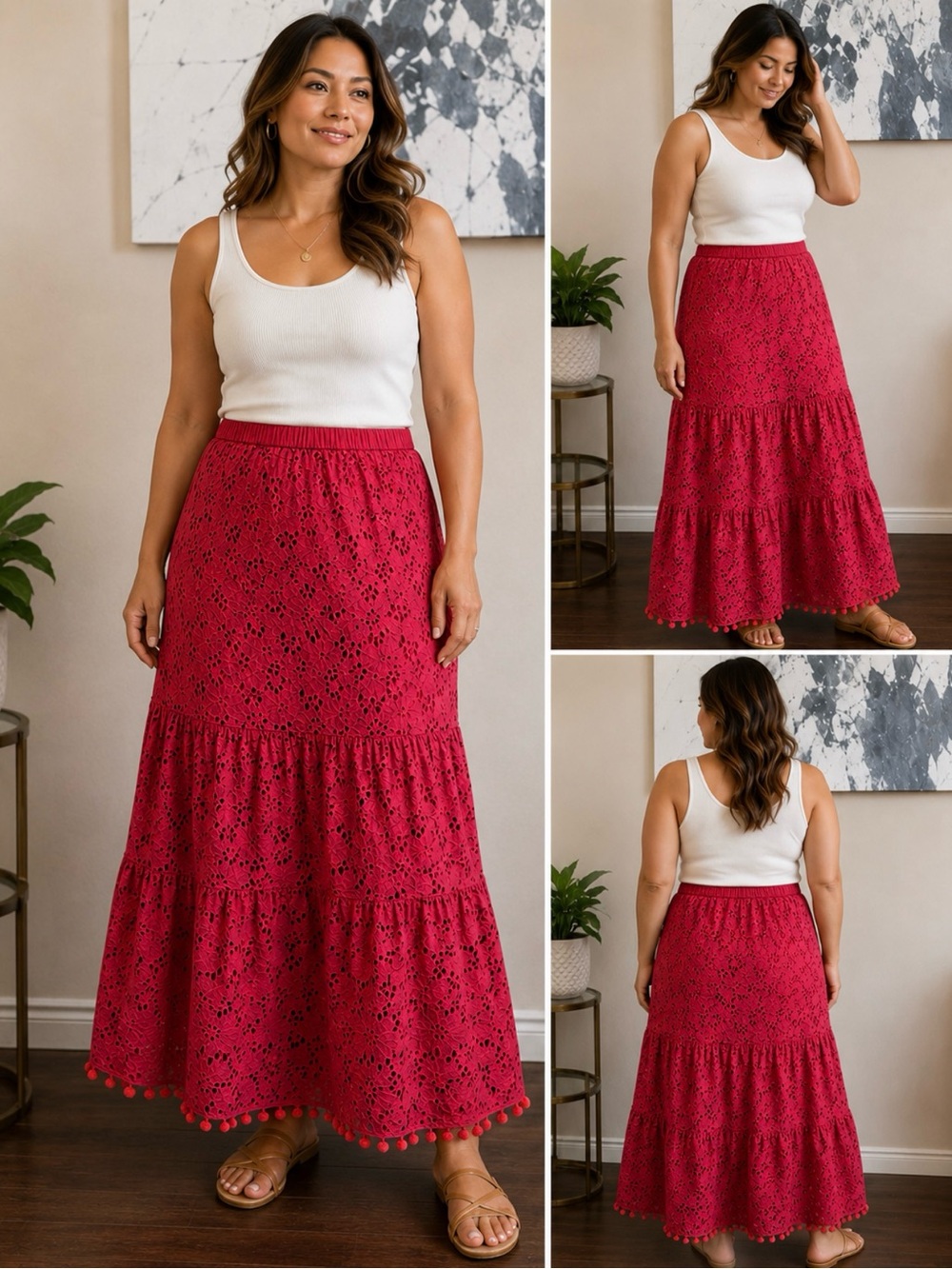 Soft Surroundings Raspberry Red eyelet Tiered Maxi Skirt size medium or size 10